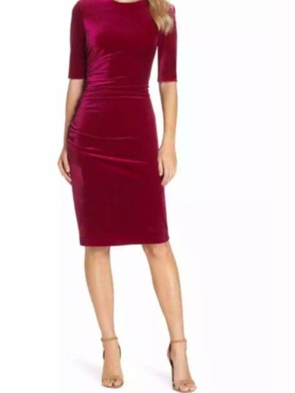 Vince Camuto Velvet Ruched Midi Dress in Berry